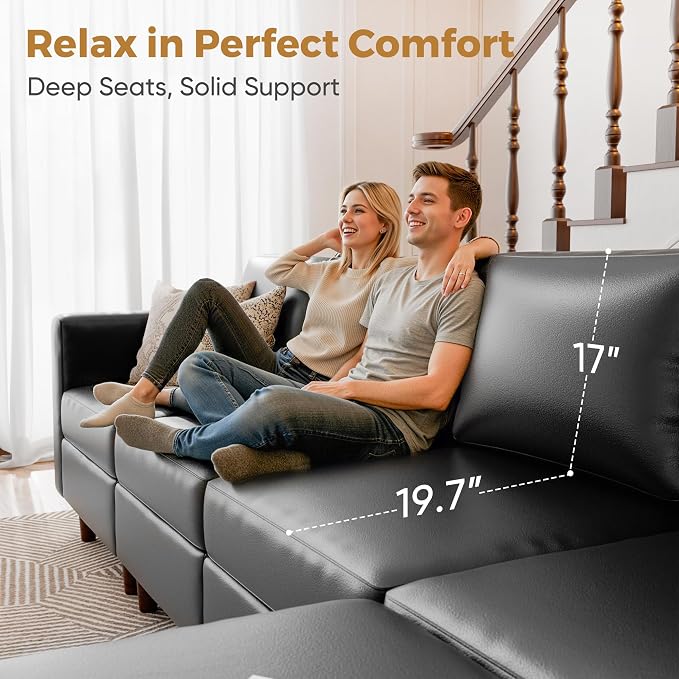 ABCASA Faux Leather Modular Sectional Sofa 118.5", L Shaped Couch Set for Living Room, 5-Seater Comfy Cloud Couches with Movable Storage Ottoman,DIY Combination - Black