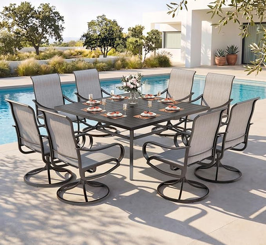 PHI VILLA Outdoor Dining Set for 8, Swivel Mesh Chairs & Square Table, Grey | Textilene chairs and large 57.5'' metal table with umbrella hole. All-weather patio furniture set designed for patio, deck