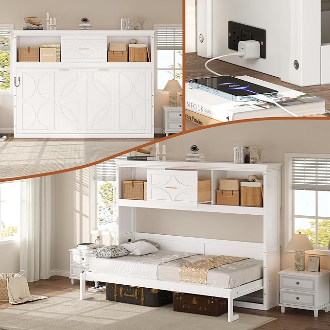MERITLINE Twin Horizontal Murphy Bed with Storage Bookcase Shelves & Drawer and Charging Station,Solid Wood Farmhouse Murphy Wall Bed with Storage, Slat Support (White)
