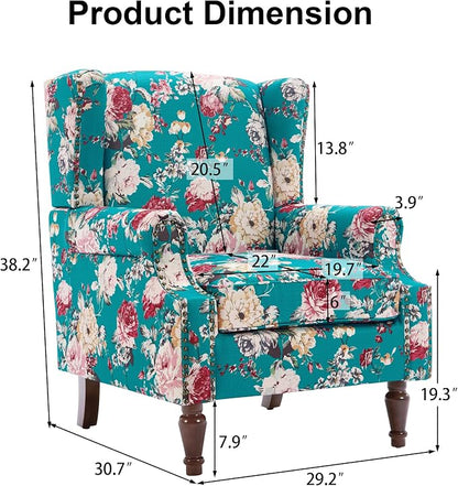 Pia Ricco High Back Floral Accent Chair - Retro Wingback Upholstered Armchair with Nailhead Trim, Solid Wood Legs, Fabric Living Room Bedroom Reading Chair (Peacock Blue)