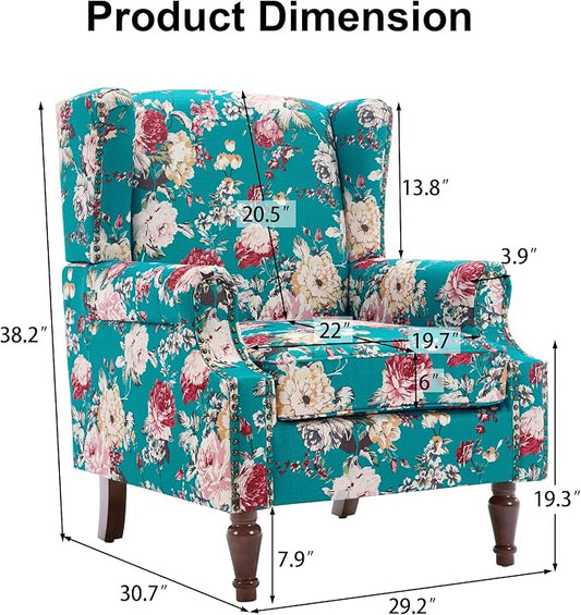 Pia Ricco High Back Floral Accent Chair - Retro Wingback Upholstered Armchair with Nailhead Trim, Solid Wood Legs, Fabric Living Room Bedroom Reading Chair (Peacock Blue)