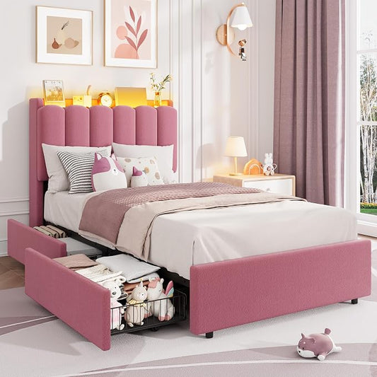 Garvee LED Twin XL Bed Frame with Storage Headboard, Kids Bed Frame with 2 Drawers, Boucle Upholstered Platform Bed for Girls, Chic Wavy Headboard with Bookcase, No Box Spring Needed, Dark Pink