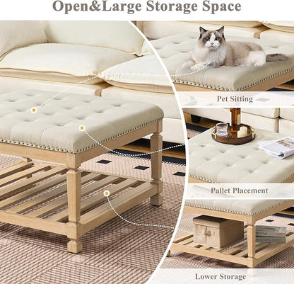 Befurtori Large Square Ottoman Coffee Table, Linen Solid Upholstered Footrest Ottoman with Solid Wood Shelf Storage Tufted Coffee Table for Bedroom Living Room-Ivory