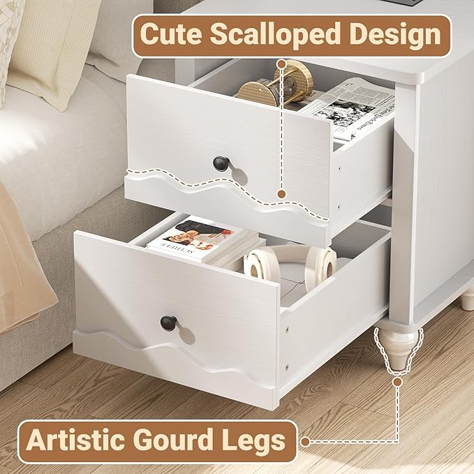 Cyclysio White Nightstand with Charging Station Set of 2, Scalloped Bedside Table with 2 Smooth Drawers, Modern End Table with Solid Wood Legs for Bedroom and Small Spaces