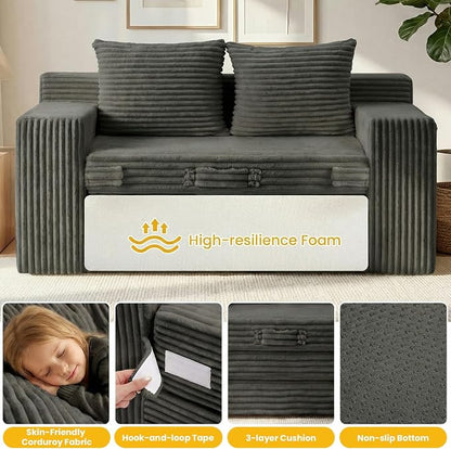 Boneless Couch,Boneless Loveseat Sleeper Sofa Bed – 3-in-1 Convertible Couch Bed with Side Pockets & Handle,Pull Out Corduroy Futon for Small Space,Living Room & Bedroom,2 Pillows Included,No Assembly
