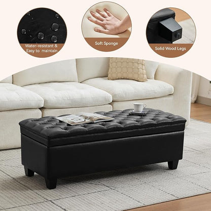WUTUTUEE 50" Faux Leather Storage Ottoman Bench, End of Bed Upholstered Rectangle Storage Ottoman Tufted Living Room Bedroom Bench with Safety Hinge, Solid Wood Legs, Loads 500 lb(Black)