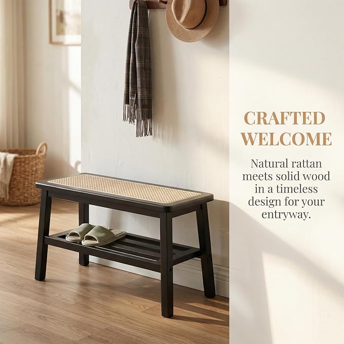 ROCITY Black Rattan Entryway Bench Wood Bench with Shoe Rack 30 Inch Small Bench Seat Storage Indoor Wooden Dining Bench Farmhouse Vintage Rustic Accent Bench for Porch/Dining Room/Living Room