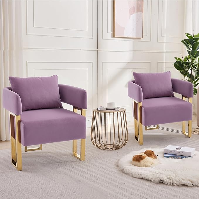 YISHENG Modern Barrel Accent Chairs Set of 2, Living Room Side Chairs with Golden Metal Legs Velvet Upholstered Reading Armchairs no Wheels for Vanity/Reception Room//Bedroom/Lounge/Office, Purple
