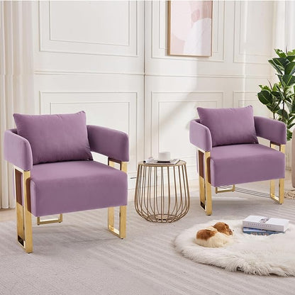 YISHENG Modern Barrel Accent Chairs Set of 2, Living Room Side Chairs with Golden Metal Legs Velvet Upholstered Reading Armchairs no Wheels for Vanity/Reception Room//Bedroom/Lounge/Office, Purple