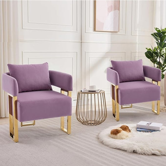 YISHENG Modern Barrel Accent Chairs Set of 2, Living Room Side Chairs with Golden Metal Legs Velvet Upholstered Reading Armchairs no Wheels for Vanity/Reception Room//Bedroom/Lounge/Office, Purple