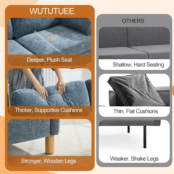 WUTUTUEE 65" Chenille Loveseat Sofa, Modern 2-Seater Love Seat Couch with Armrest Pillows, Storage Pockets, Easy Assembly, Upholstered Tufted Loveseat Couches for Living Room Bedroom, Blue