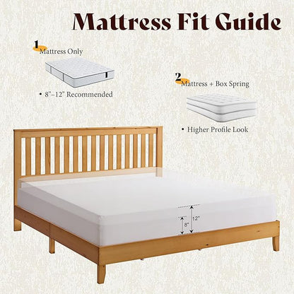 AMERLIFE King Bed Frame, Solid Wood Platform Bed with Vertical Slats Headboard, Wooden Bedframe King-Size, Sturdy Wooden Slats Support, No Box Spring Needed, Noise Free, Light Wood