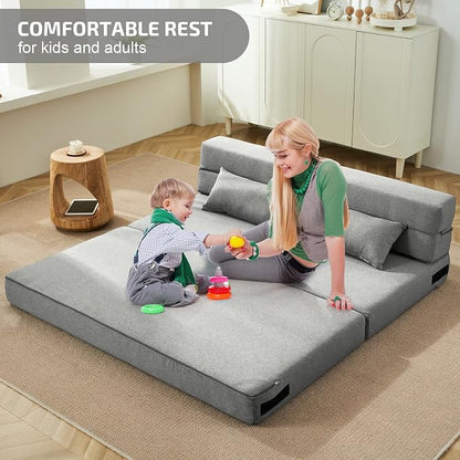 SUYOLS Folding Sofa Bed with Pillows- Convertible Chair Floor Couch & Sleeping Mattress, Foldable Memory Foam Sleeper for Living Room/Dorm/Guest Room/Home Office/Apartment/Loft, Queen, Light Gray
