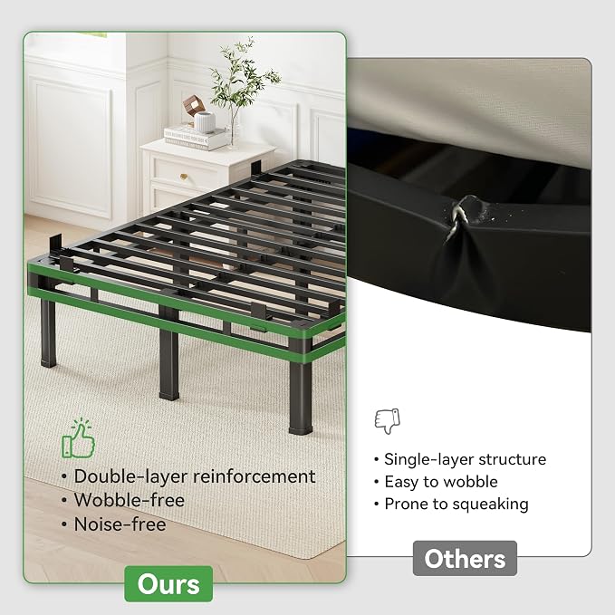 Superay Twin XL Bed Frame, 18 inch Metal Bed Frame & Box Spring 2 in 1 Design, Double Layer Bed Frame with Rounded Legs, Heavy Duty Platform Support 4000lbs, with Matress Gasket & headboard Adapter