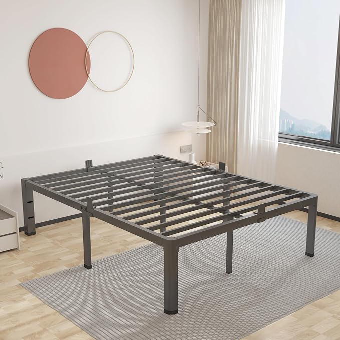 ROIL 16 Inch Full Bed Frame with Rounded Corner and Headboard Hole Mattress Retainers 3500LBS Metal Heavy Duty Steel Slats No Box Spring Needed Platform Noise-Free Easy Assembly