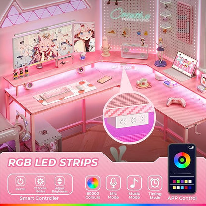 Huuger L Shaped Gaming Desk with Power Outlets & LED Lights, Computer Desk with Monitor Shelves, Carbon Fiber Surface, Home Office Desk, Corner Gaming Desk with Hooks, Carbon Fiber Pink