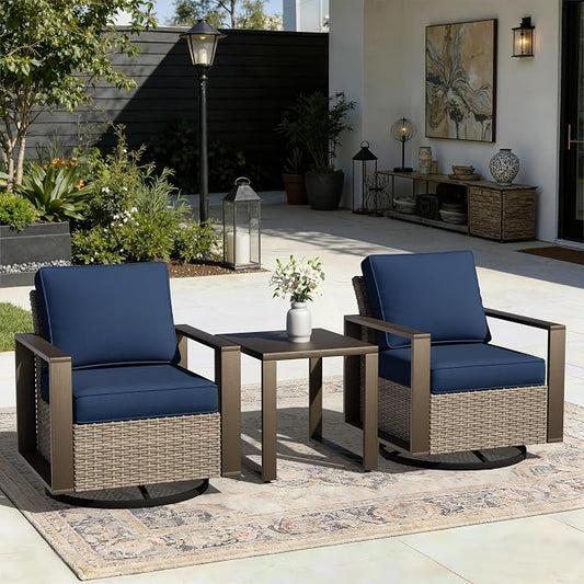 Joyside Outdoor Patio Swivel Rocker Chairs, 3 Pieces Wicker Furniture Set, 2 Swivel Rocking Chairs and 1 Table, Metal Wide Armrest, Thick Cushions and Deep Seating for Garden, Backyard, Porch, Deck