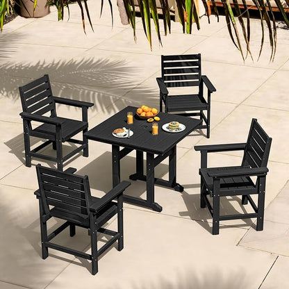 5 Piece Patio Dining Set, 35" Square HDPE Weather Resistant Outdoor Table & 4 Patio Chairs Set with 1.96" Umbrella Hole, Heavy Duty for Small Space Backyard Balcony, Black