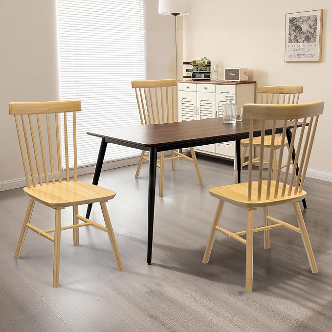 AreShark Windsor Dining Chairs, Farmhouse Wooden Dining Room Chairs, Solid Wood Kitchen Chairs with Spindle Back Set of 2, Natural Wood