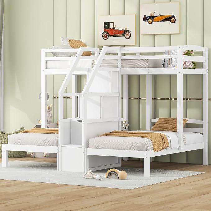 VilroCaz Twin Size Triple Bunk Bed with Built-in Staircase and Storage Drawer, Solid Wood Bunk Bed Frame with Safety Full-Length Guardrail for 3, Bedroom Guest Room Home Furniture