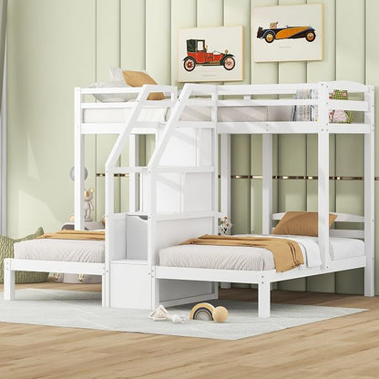 VilroCaz Twin Size Triple Bunk Bed with Built-in Staircase and Storage Drawer, Solid Wood Bunk Bed Frame with Safety Full-Length Guardrail for 3, Bedroom Guest Room Home Furniture