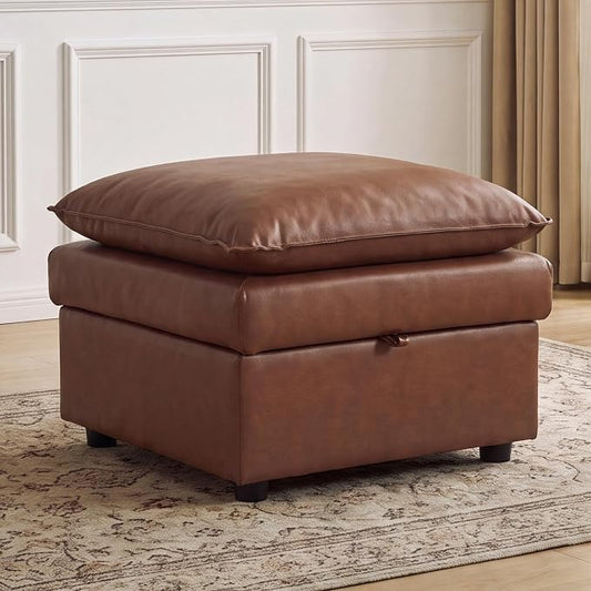 27" Brown Faux Leather Storage Ottoman, Large Square Footrest for Couch | Lift-top Storage Keeps Blankets and Clothes Organized, with Padded Upholstery and Anti-slip Legs for Bedroom, Living room.