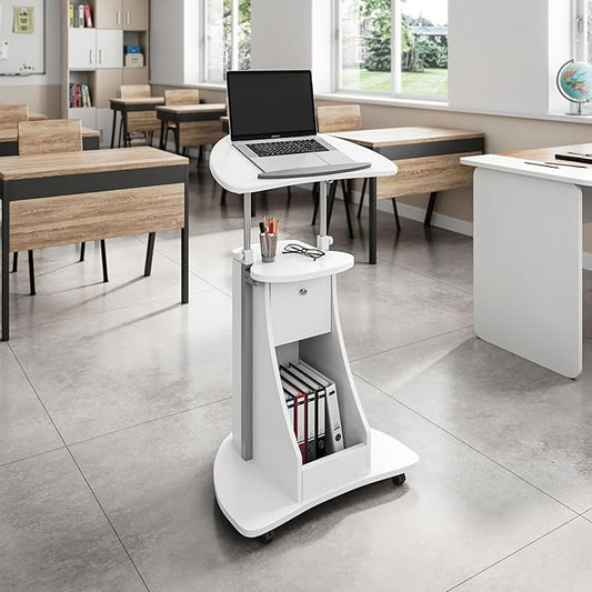 Adjustable Height Rolling Laptop Cart with Storage, Sit to Stand Desk with Wheels, Podium Stand or Medical Cart, White