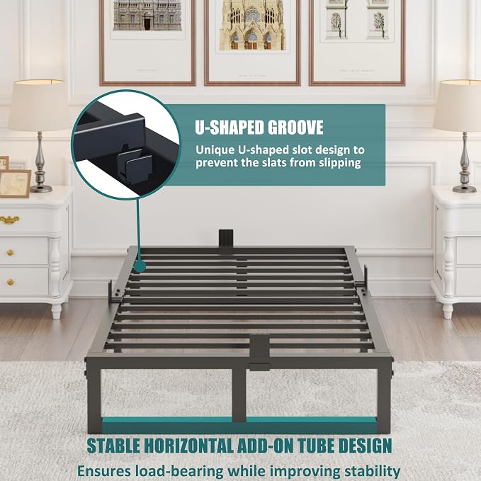 Yitong Angel 10 inch Full Size Bed Frame Low Profile Metal Platform Frames with Mattress Slide Stopper,Heavy Steel Slats Support,No Box Spring Needed,Noise Free,Non-Slip,Easy Assembly