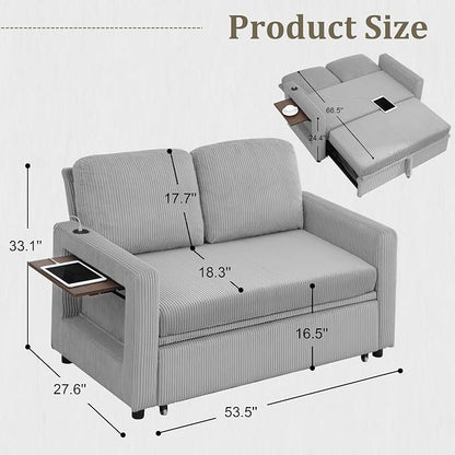 3 in 1 Folding Convertible Sleeper Sofa Bed, Pull Out Couch with Side Pockets USB Port Side Table Loveseat Sofa Bed with Adjustable Backrest for Living Room Bedroom 66" LIGHTGREY 2 SEAT