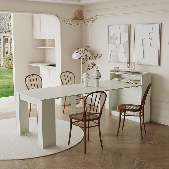 Extendable Dining Table for 10, 95” Transformer Dining Room Table, Space Saving Folding Kitchen Table, Modern Rectangle Dining Table White