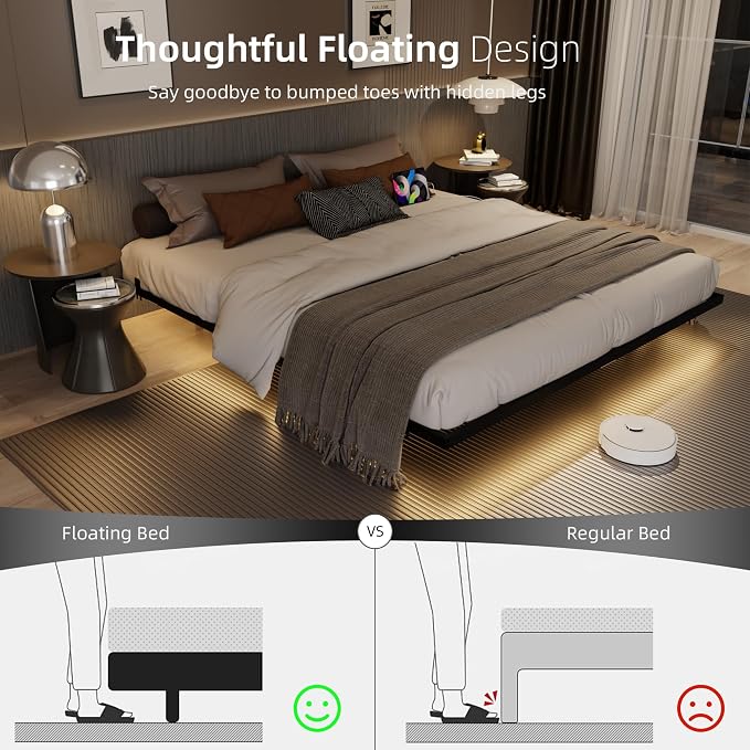 Floating Bed Frame Twin Size with Charging Station and LED Lights, Metal Platform Bed Frame, No Box Spring Needed, Easy Assembly, (Twin)