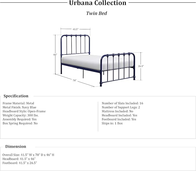 Lexicon Twin Metal Bed Frame, Platform Bed with Strong Metal Slat Support Under Bed Storage, Twin Bed Frame with Headboard, No Box Spring Needed, Easy Assembly, Twin, Navy Blue