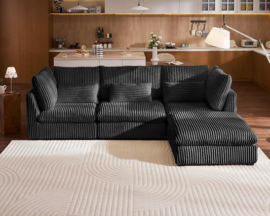 115" Oversized Corduroy Couch Modular Sectional Sofa, Washable Cloud Couch Sectional with Ottoman, 4 Seater Sectional Couches for Living Room, Fully Cover Removable, L Shaped, Plush Corduroy, Black