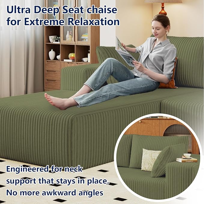 96" Modular Sectional Sofa, Modern Corduroy Cloud Couch with Deep Seat, Boneless Couch Upholstered 3-Seater L-Shaped Sofa for Living Room, No Assembly Required (Green, Left-Facing Chaise)