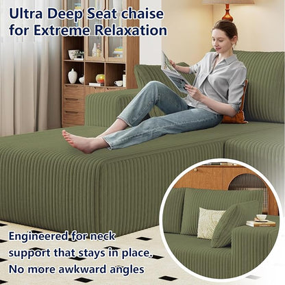 96" Modular Sectional Sofa, Modern Corduroy Cloud Couch with Deep Seat, Boneless Couch Upholstered 3-Seater L-Shaped Sofa for Living Room, No Assembly Required (Green, Left-Facing Chaise)