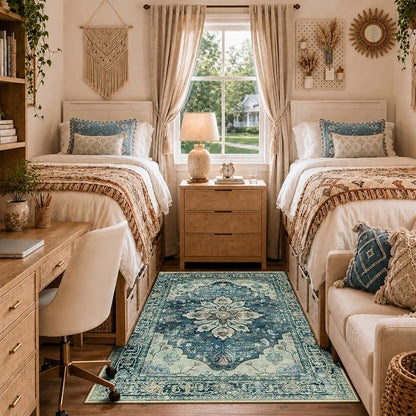 RELEANY Area Rugs 3'x5' Washable Non-Slip, Floral Vintage Distress Medallion Carpet for Living Room Bedroom Dining Room, Dark Blue Vintage
