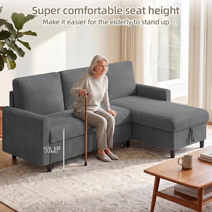 77" Pull Out Sleeper Sofa Bed with Storage Chaise, L-Shaped Corduroy Sectional Couch, 3-Seater Convertible Sofa Bed for Small Space, Apartment & Guest Room, Pet-Friendly & Easy Assembly, Dark Grey
