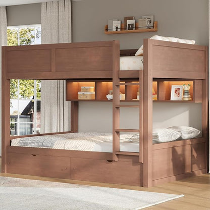 Wood Bunk Bed Full XL over Full XL Size with Built-in Storage Cabinets, 2 Drawers and LED Light, Versatile Bunk Bed Frame with Ladder and Guardrail for Kids Teens Adult, Maximize Space (Brown-1.13)