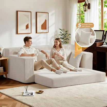 Boneless Couch 70 inch, 3 Seater Couch with Pull Out Bed, Boneless Loveseat Oversize Beige Futon Couch Floor Bed with 5 Pillows for Living Room Bedroom Lounge Small Space