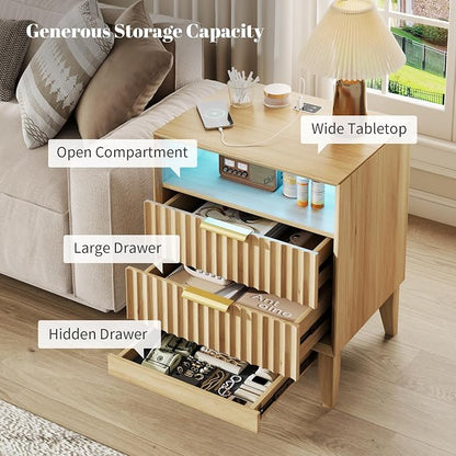 LVSOMT 20“ W Fluted LED Nightstand with Charging Station, RFID Lock, Wood | Bedside Table with Hidden Drawer, 2 Drawers, Open Cubby, Motion Sensor, USB and Type-C Ports, Night Stand for Bedroom