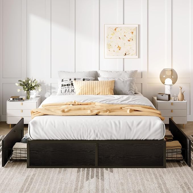 SHA CERLIN Queen Platform Bed Frame with 2 Large Storage Drawers - Heavy Duty Metal & Rustic Wood, Noise-Free, No Box Spring Needed, Black