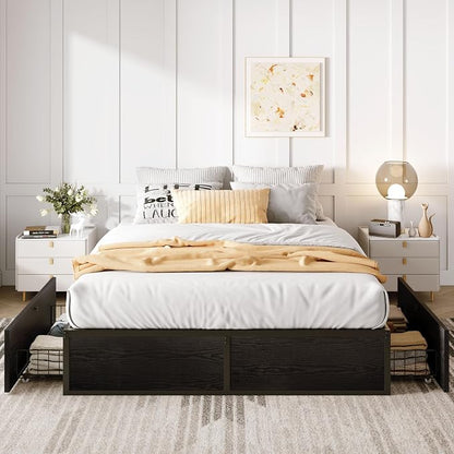 SHA CERLIN Full Platform Bed Frame with 2 Large Storage Drawers - Heavy Duty Metal & Rustic Wood, Noise-Free, No Box Spring Needed, Black