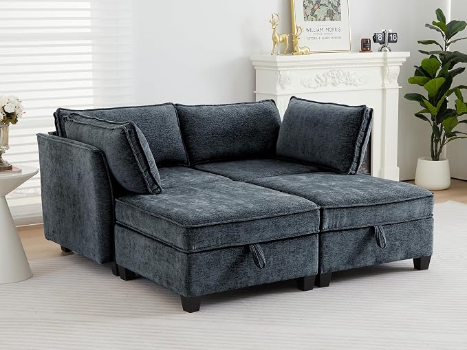 ORRD Sleeper Modular Sectional Sofa Set, Convertible Couch Bed with Storage, 4 Seater and 2 Armrestes Sofa Modular for Living Room, Office (Blue Grey)