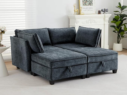 ORRD Sleeper Modular Sectional Sofa Set, Convertible Couch Bed with Storage, 4 Seater and 2 Armrestes Sofa Modular for Living Room, Office (Blue Grey)