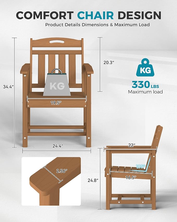 Ciokea Outdoor Patio Dining Chair Set of 2, HDPE Porch Chairs for Dining Table, All-Weather Durable Outdoor Furniture for Backyard, Poolside, Lawn & Garden, Teak