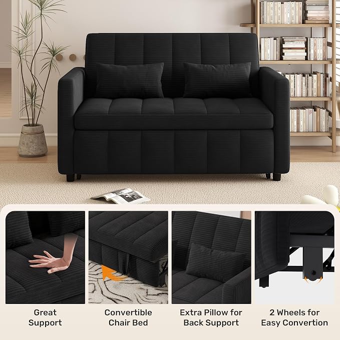 Nebuaegis Sleeper Sofa Bed,3-in-1 Convertible Pull Out Couch with Adjustable Backrest for Living Room,Loveseat Sofa Bed with Side Pockets,Easy Assembly,Black,1 PCS