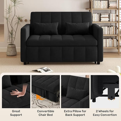 Nebuaegis Sleeper Sofa Bed,3-in-1 Convertible Pull Out Couch with Adjustable Backrest for Living Room,Loveseat Sofa Bed with Side Pockets,Easy Assembly,Black,1 PCS