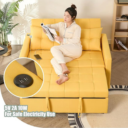 GOSUHI 52" Sleeper Sofa with Pull-Out Bed, 3-in-1 Convertible Sofa Bed, Set of Loveseat with Stepless Adjustable Backrest and Side Pocket, for Living Room Dorm Apartment, Linen, Yellow