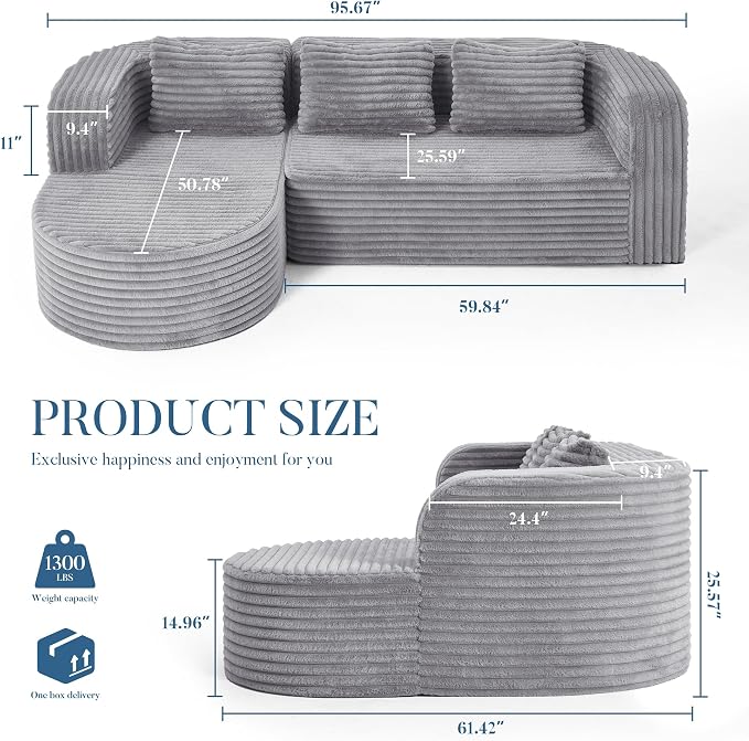 Hobestluk Modular Sectional Sofa Couches L-Shape Couch 3 Seat Modular Sofa Memory Foam Sectional Couches for Living Room, Cloud Couch (Round Lightgrey, 96", Left Hand Facing)