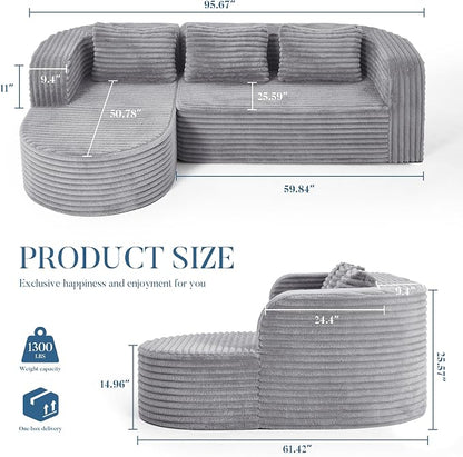 Hobestluk Modular Sectional Sofa Couches L-Shape Couch 3 Seat Modular Sofa Memory Foam Sectional Couches for Living Room, Cloud Couch (Round Lightgrey, 96", Left Hand Facing)
